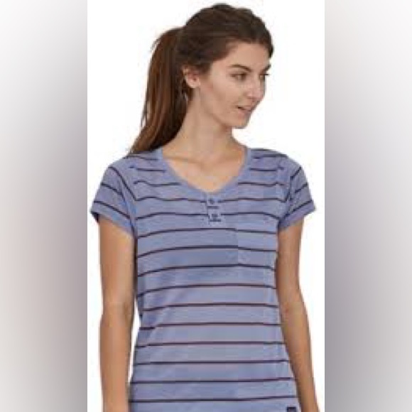 Patagonia Women's Short Sleeve Striped Tee - Blue and Purple - Picture 1 of 5